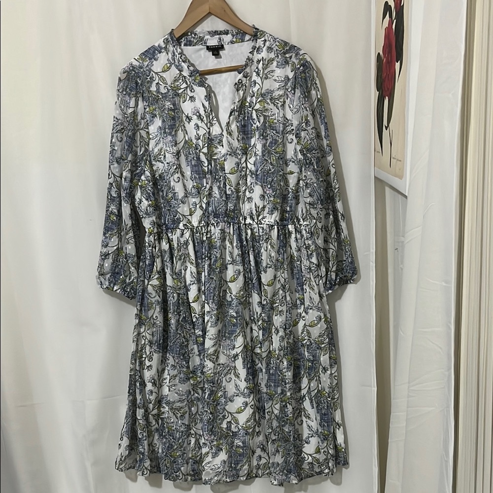 Torrid White and Blue Floral Long Sheer Sleeve Dress a176